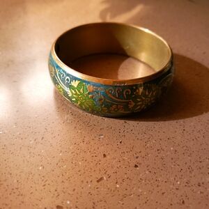 Vintage brass teal & green painted bangle bracelet